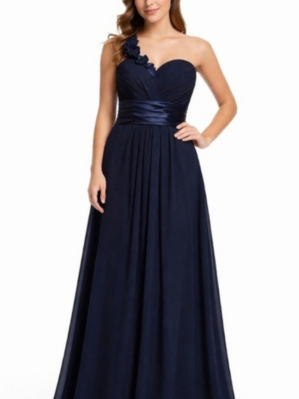 One-Shoulder Navy Blue Evening Gown. Bill Levkoff.